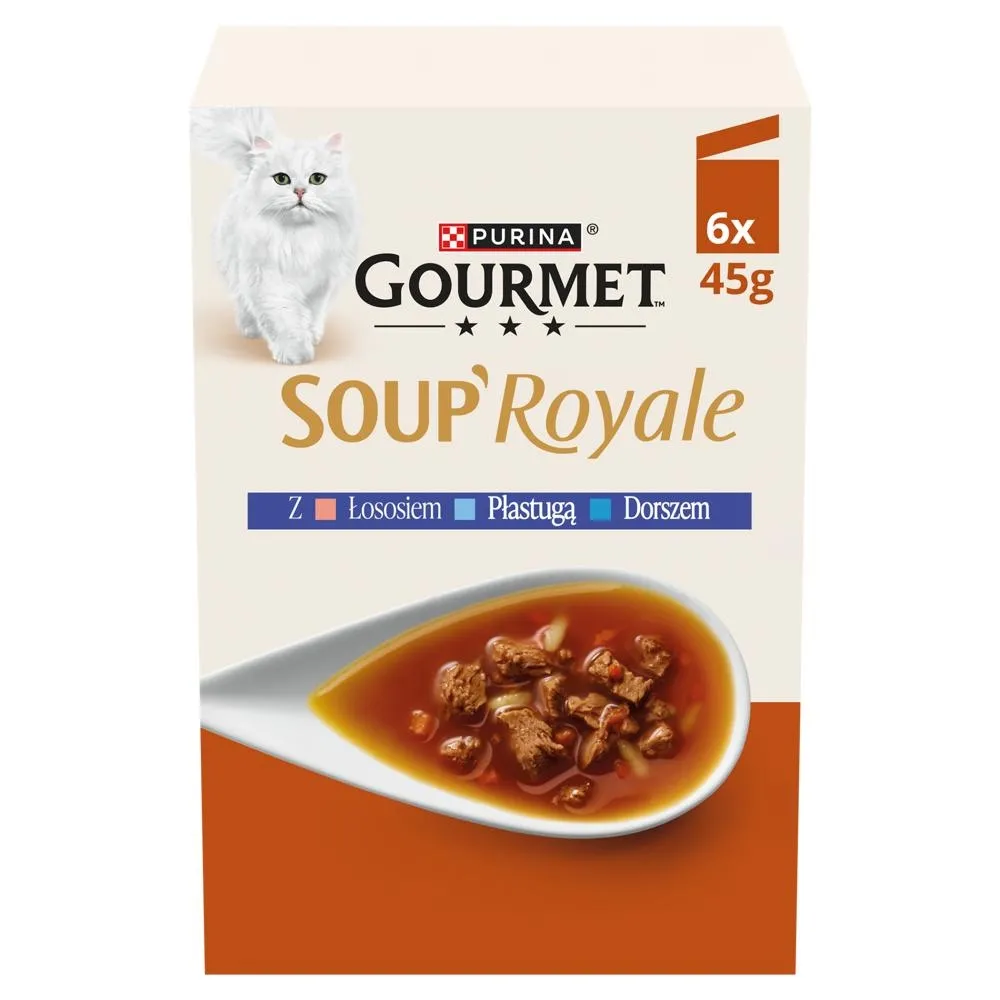 Gourmet Soup Royale Karma dla dorosłych kotów z łososiem płastugą dorszem 6 x 45 g
