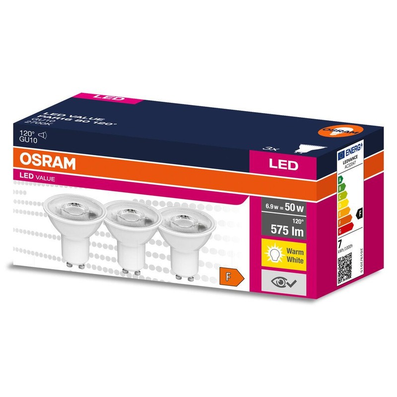 Żarówka LED Value Par16 GU10 ciepły biały 120° 6.9W 2700K Osram 3 sztuki